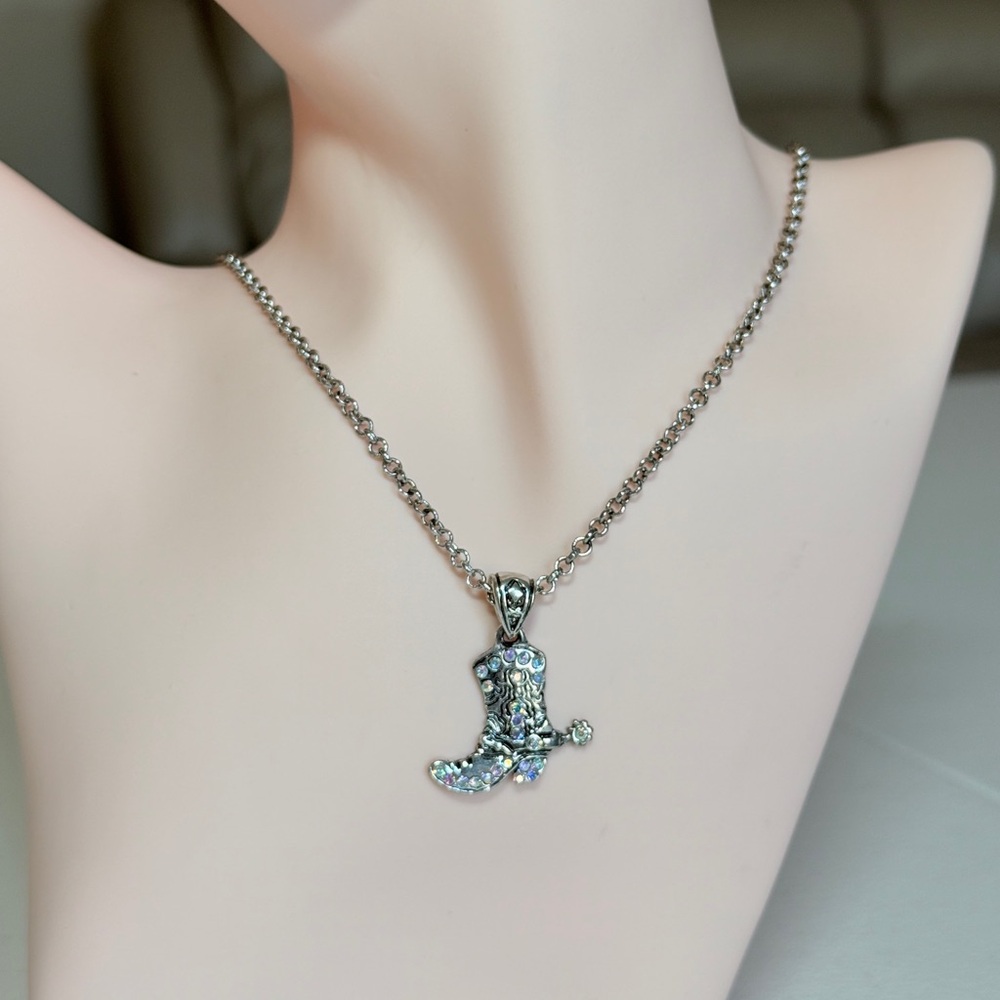 Silver Cowboy Boot Pendant Necklace with Crystal Accent